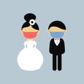 Cartoon wedding characters. Bride and groom wearing medical face mask. Couple newlyweds. Vector flat avatars people Royalty Free Stock Photo