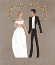 Cartoon wedding characters. Cute caucasian bride and groom. Couple newlyweds. Flat avatars people. Icons male, female