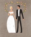 Cartoon wedding characters. Cute caucasian bride and groom. Couple newlyweds. Flat avatars people. Icons male, female