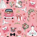 Cartoon wedding seamless pattern. Engagement party elements, bride and groom accessories, rings and dove, love symbols