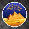 Cartoon Welcome to Egypt concept logo on transparent background. Egyptian pyramids in the desert with blue sky Royalty Free Stock Photo