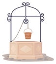 Cartoon well icon. Antique stone construction with water bucket Royalty Free Stock Photo