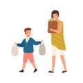 Cartoon well mannered boy help mother carry package with purchase vector flat illustration. Happy polite son carrying