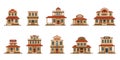 Cartoon western buildings. Wild west traditional country houses, old american town bank saloon motel architecture facade Royalty Free Stock Photo