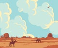 Cartoon western landscape with cowboys and Indian