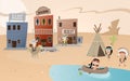 Cartoon western town and indian settlement