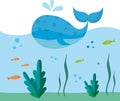 Cartoon whale in blue sea vector image. Royalty Free Stock Photo