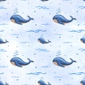 Cartoon whales on blue watercolor background. Ocean wave, drop, sea mammals, animal. Watercolor underwater seamless Royalty Free Stock Photo