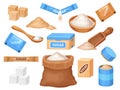 Cartoon white and brown sugar in cubes, bag, bowl and spoon. Salt and sweet cooking ingredient in packages. Granulated Royalty Free Stock Photo