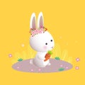Cartoon white bunny with flower wreath holding a carrot in the garden