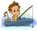 Cartoon boy character on blue inflatable boat Royalty Free Stock Photo