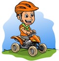 Cartoon boy character driving quad motorbike