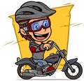 Cartoon boy character riding on retro motorbike