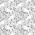 Cartoon white foxes, birds and flowers. Colorful Seamless Pattern.