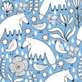 Cartoon white foxes, birds and flowers. Colorful Seamless Pattern.