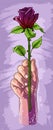Cartoon white human hand holding violet rose Royalty Free Stock Photo