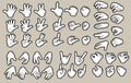 Cartoon white human hands in gloves gesture set