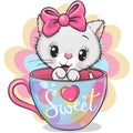 Cartoon white kitten with a bow is sitting in a Cup Royalty Free Stock Photo