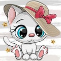 Cartoon white kitten on a striped background