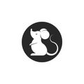 Cartoon white mouse logo or rat icon round shape, animal silhouette isolated on black background Royalty Free Stock Photo