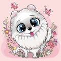 Cartoon white Pomeranian with flowers on a pink background