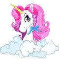 Cartoon white pony unicorn head with pink hair portrait isolated on white