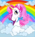 Cartoon white princess unicorn portrait on rainbow with clouds sky background Royalty Free Stock Photo