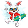 cartoon white rabbit carrying a surfboard