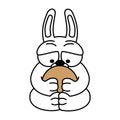 Cartoon white rabbit hugs a chicken egg. Contour design of an easter bunny. Symbol for web sites on a white background