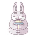 Cartoon white rabbit hugs a chicken egg. Symbol for web sites on a white background