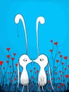 Cartoon White Rabbits Kissing In A Field Of Red Flowers - Cute cute bunnies in love