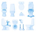 Cartoon white toilet. Ceramic lavatory pan in different angles, toilet paper and brush. WC vector illustration set