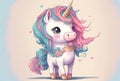 Cartoon white unicorn with a blue-pink mane and flowers, character in a watercolor style. Royalty Free Stock Photo