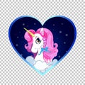 Cartoon white unicorn head portrait inside of night sky heart background