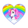 Cartoon white unicorn with pink hair portrait inside of rainbow heart