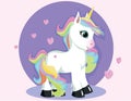 Cartoon white unicorn standing on purple background with love