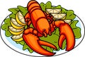 Cartoon Whole Red Boiled Lobster On Dish Over Leaf Salad And Lemon Slices