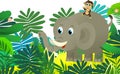 Cartoon wild animal happy young elephant with other animal friend in the jungle isolated illustration for children Royalty Free Stock Photo