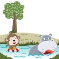 Cartoon wild animals concept, cute hippotamus and monkey in the swamp. Creative vector childish background for fabric, textile, Royalty Free Stock Photo