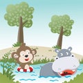 Cartoon wild animals concept, cute hippotamus and monkey in the swamp. Creative vector childish background for fabric, textile,