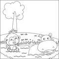 Cartoon wild animals concept, cute hippotamus and monkey in the swamp. Creative vector Childish design for kids activity colouring