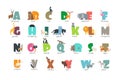 Cartoon wild animals kids alphabet for children studying english. Education vector background