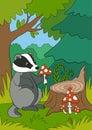 Cartoon wild animals. Little cute badger sits and holds an amanita in the hands