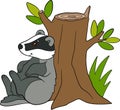 Cartoon wild animals. Little cute badger sits near the stump and smiles