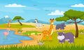 Cartoon wild animals in savannah, african safari wildlife. Cute zebra, crocodile, flamingo, giraffe, savanna landscape Royalty Free Stock Photo