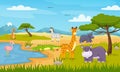 Cartoon wild animals in savannah, african safari wildlife. Cute zebra, crocodile, flamingo, giraffe, savanna landscape vector Royalty Free Stock Photo