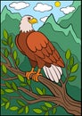 Cartoon wild birds for kids: Eagle. Cute eagle sits smiles.