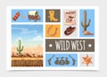 Cartoon wild west elements set with dynamite cart boot wanted poster cowboy hat cactus sheriff badge horseshoe guns desert Royalty Free Stock Photo