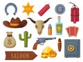 Cartoon wild west icons. Cowboy cactus rodeo saddle lasso guitar snake tequila horseshoe flat style, flat western
