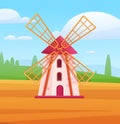 Cartoon windmill on field. Farm and agriculture scene. Village or suburb, nature landscape scene. Rural countryside